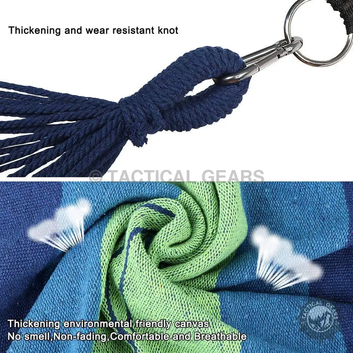 Durable breathable fabric hammock with reinforced knots and metal carabiner attachment