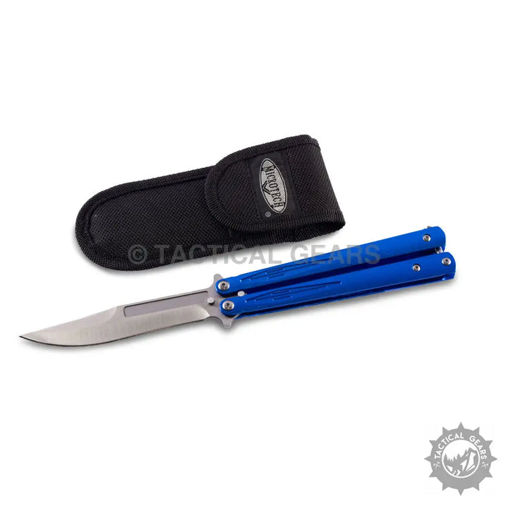 Blue butterfly knife with black nylon sheath, approximately 8 inches long, ideal for collectors