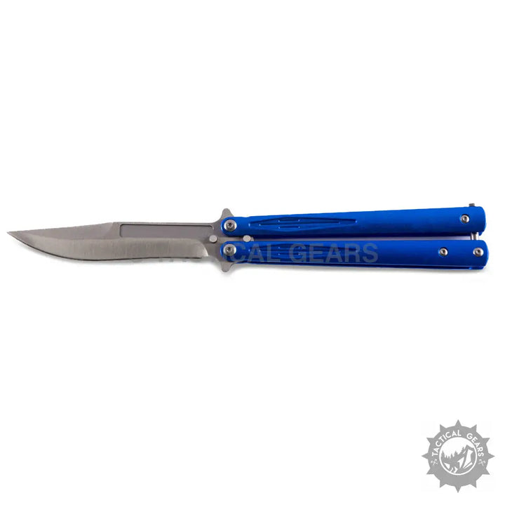 Blue butterfly knife with silver blade, approximately 8 inches, perfect for collectors