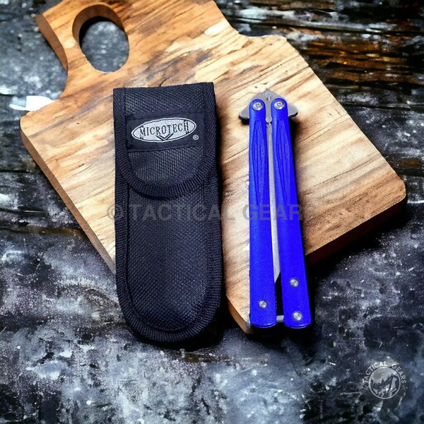 Blue butterfly knife with black nylon sheath, approx 8 inches, ideal for collectors