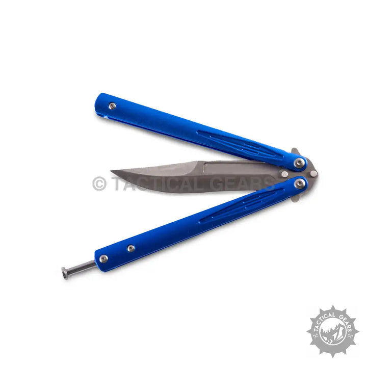 Blue butterfly knife with silver tanto blade, approximately 8 inches, ideal for enthusiasts