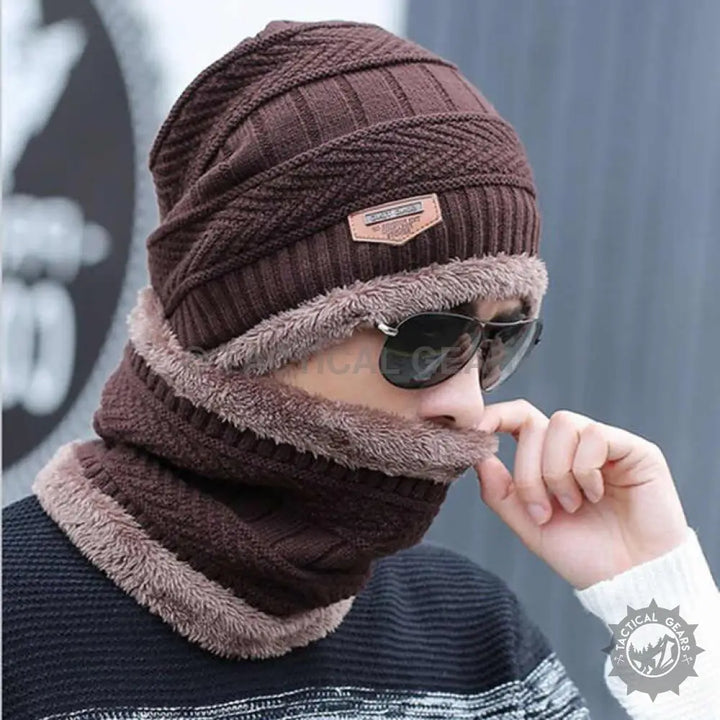 Blue knitted skullcap and neckscarf set with brown beanie and faux fur lining