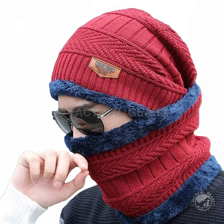 Red knitted beanie and neck warmer set with blue fleece lining, part of Skullcap and Neckscarf collection