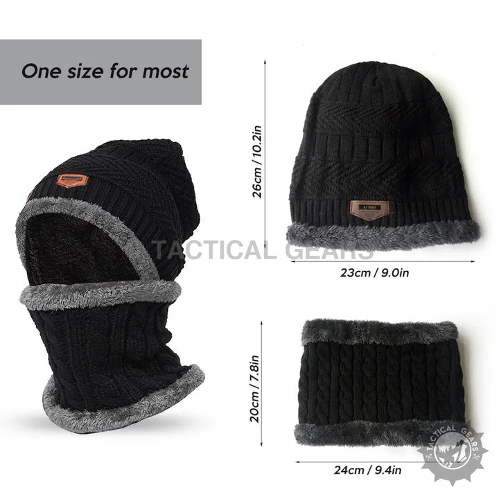 Blue knitted skullcap and neck scarf set with faux fur lining for warmth and style