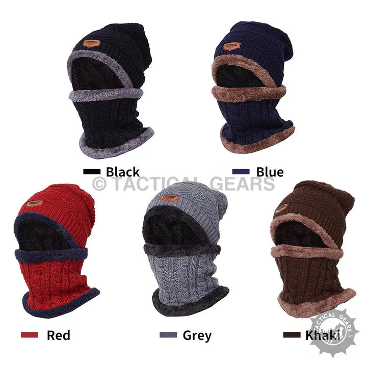 Six colorful cable-knit beanies with integrated neck warmers, including a blue knitted skullcap and neck scarf set
