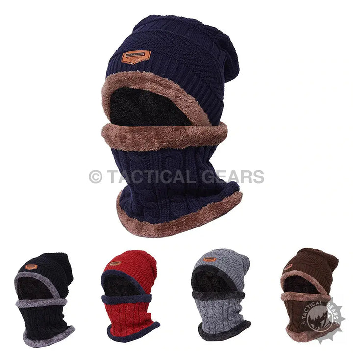 Blue knitted skullcap and neck scarf set with plush lining in multiple colors