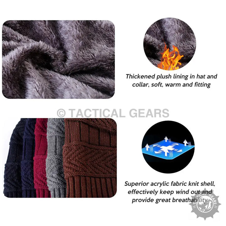 Blue knitted skullcap and neck scarf set with warm breathable knit and plush lining