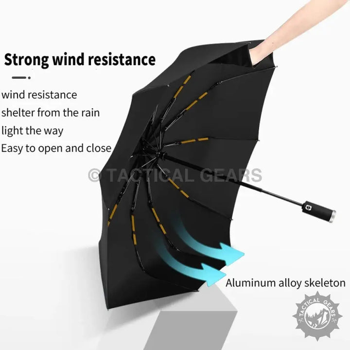 Black BMW Folding Umbrella with LED navigation light and wind-resistant aluminum skeleton