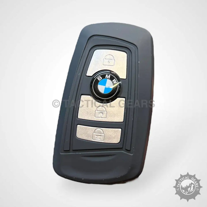 Black BMW key fob with silver buttons for BMW Self Defence 3-in-1 stun tool