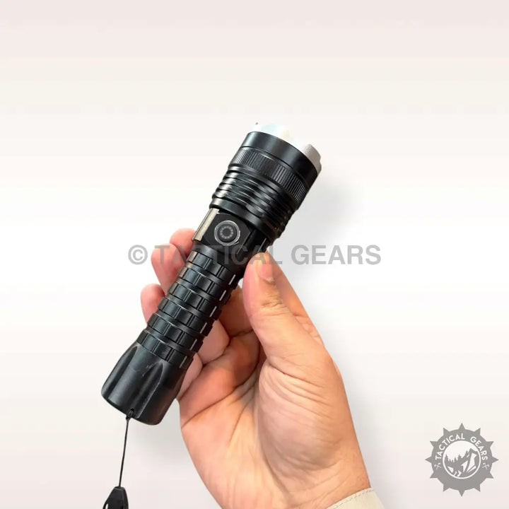 Black tactical Bobite Rechargeable Flashlight with textured grip and wrist strap