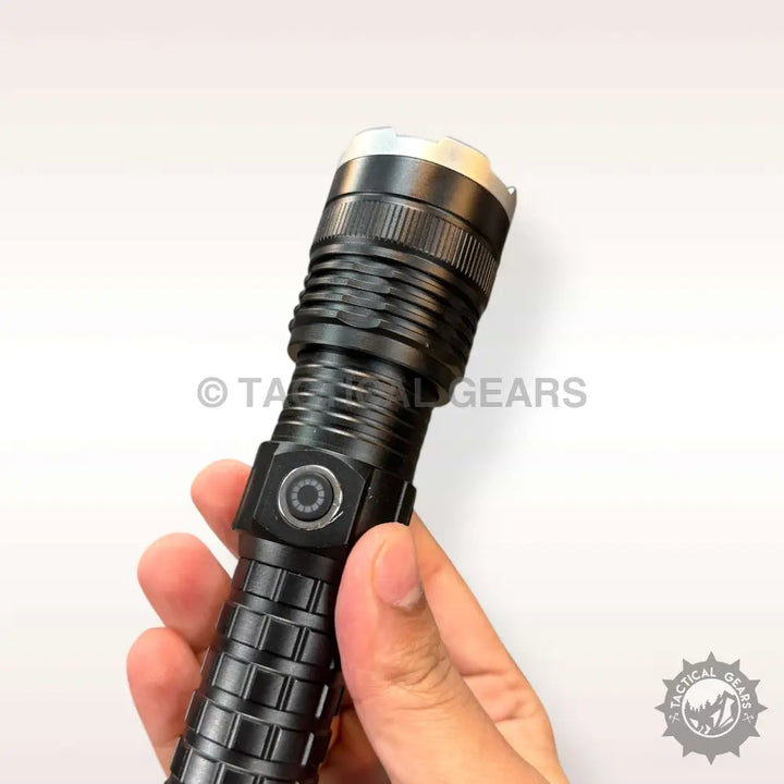 Black tactical rechargeable flashlight with textured grip and side switch for Bobite Rechargeable Flashlight