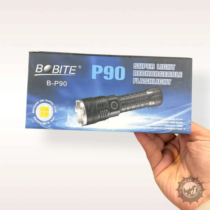 Black Bobite Rechargeable Flashlight in packaging, a durable rechargeable flashlight for outdoor use