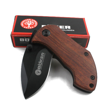 Boker DA33 luxury package opener with wooden handle and black blade for everyday carry