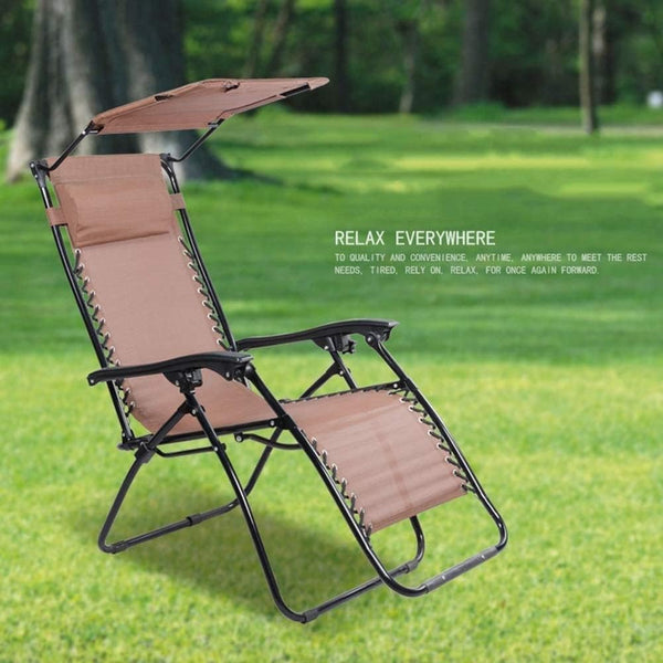 Brown zero gravity folding beach chair with canopy for relaxing outdoor comfort