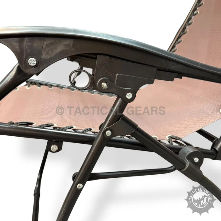 Side mechanism of Brown Zero Gravity Folding Beach Chair with Canopy showing zero gravity feature