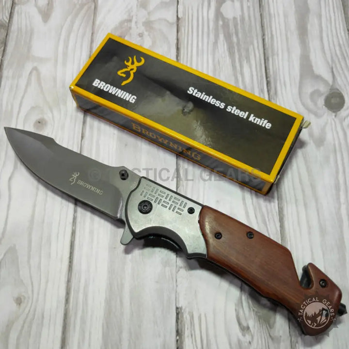Browning DA308 tactical knife with stainless steel blade and wooden handle