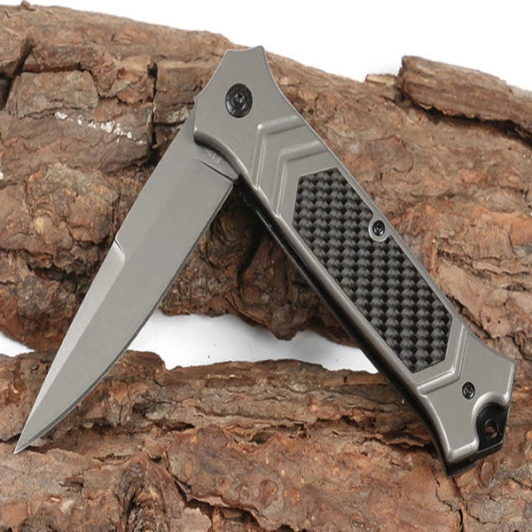 Browning-F129 silver folding knife with black textured handle, carbon fiber inlay, 3cm blade