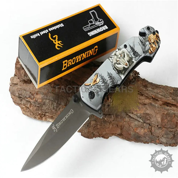 Browning FA18-1 folding knife with wolf and forest handle design