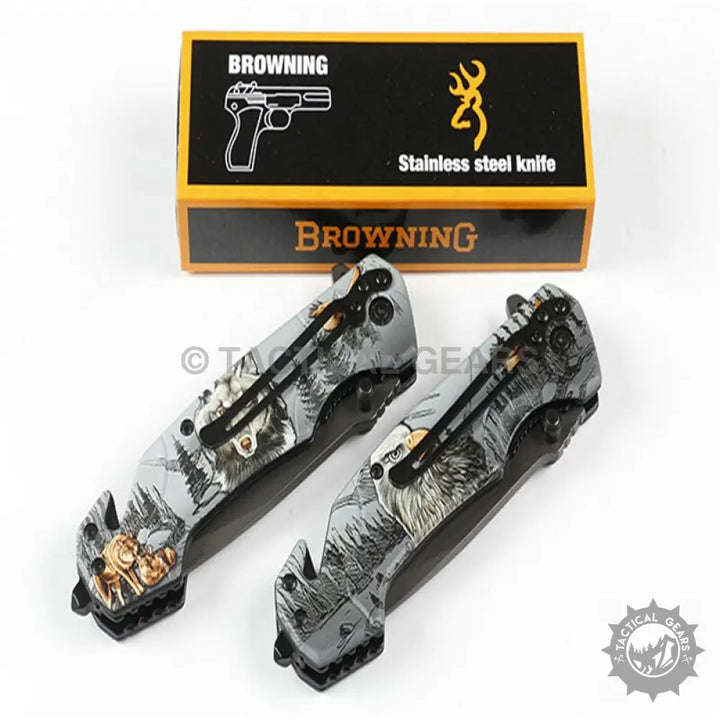 Browning FA18-1 folding knife with stainless steel blade, camo design, black handle