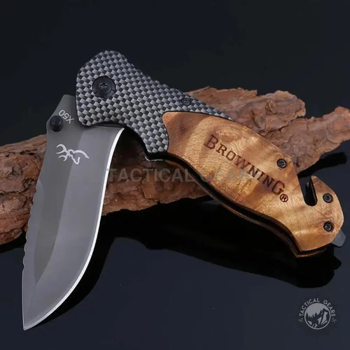 Browning X50 folding knife with carbon fiber and wood handle for hunting and camping