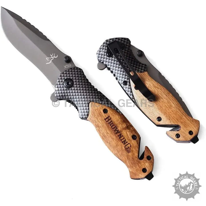 Browning X50 folding knives with wooden handles and carbon fiber accents for hunting