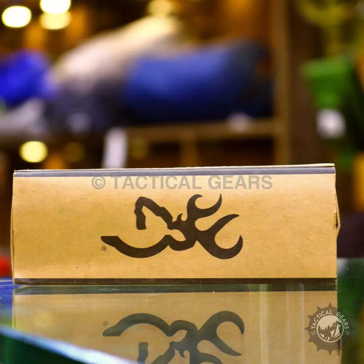 Brown box with black tribal deer logo for Browning X50 folding knife packaging