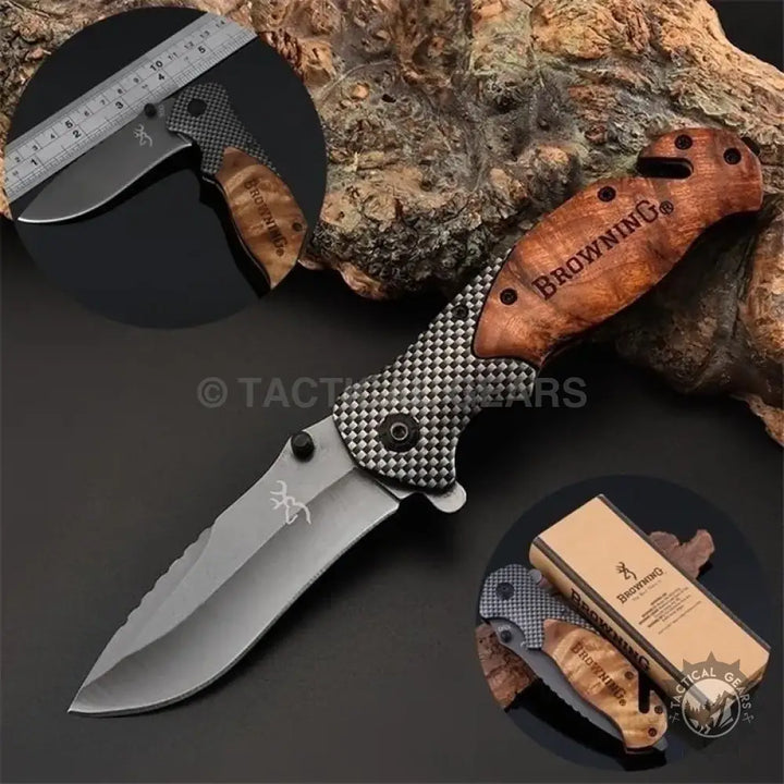 Browning X50 folding knife with serrated blade, checkered handle, and wooden grip