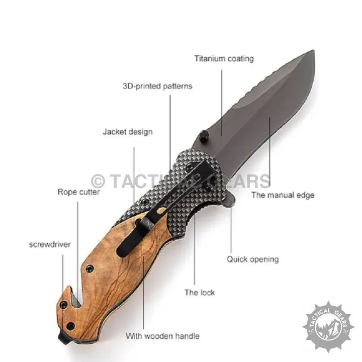 Browning X50 folding tactical knife with dark titanium blade, wood handle, pocket clip