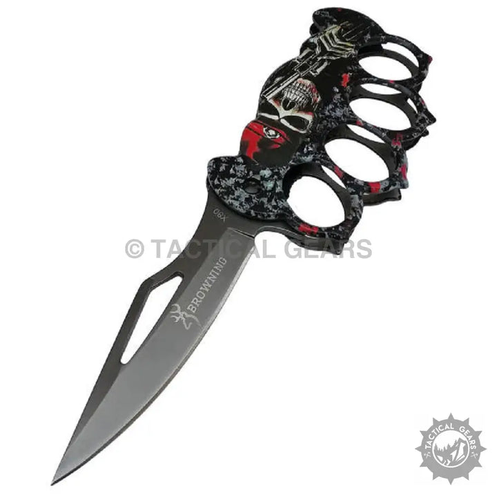 Browning X80 travel knuckle knife with black red skull metal design