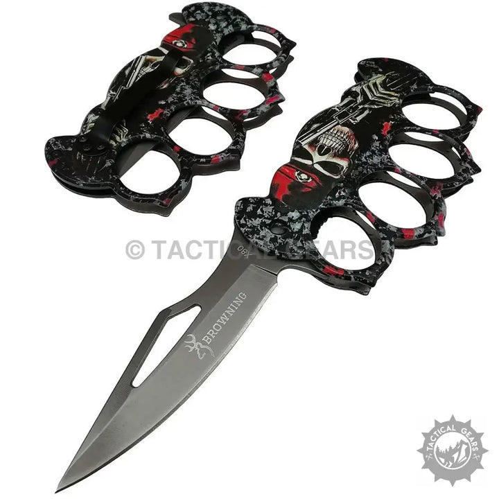 Black and red Browning X80 travel knuckle knife with skull knuckles