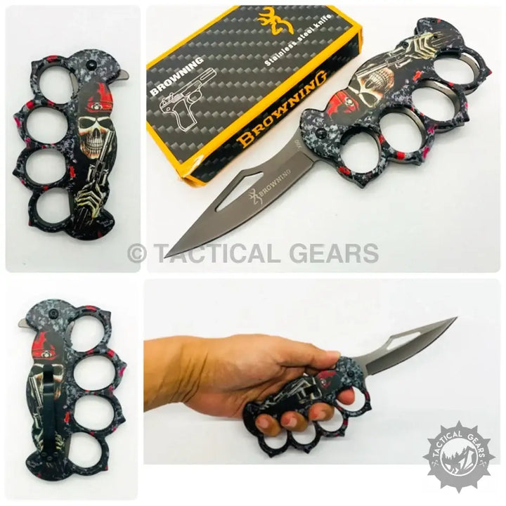 Browning x80 knuckle knife with black skull brass knuckles and red accents