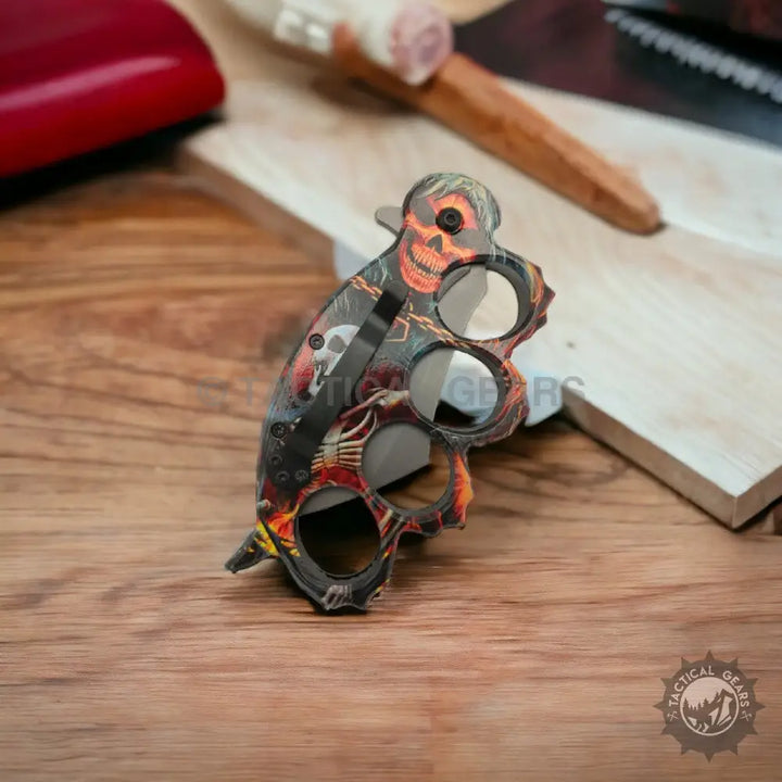 Multicolored skull-patterned Browning x86 travel knife with sharp point