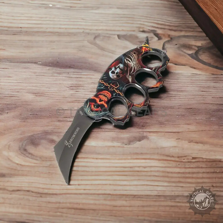 Browning x86 Travel Knife with karambit blade and skull chain knuckle duster