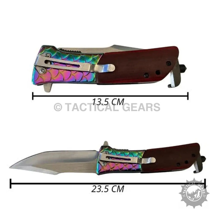 BUCK DA329 Hunting Knife with rainbow fish scale pattern and dark wood handle in open and closed positions