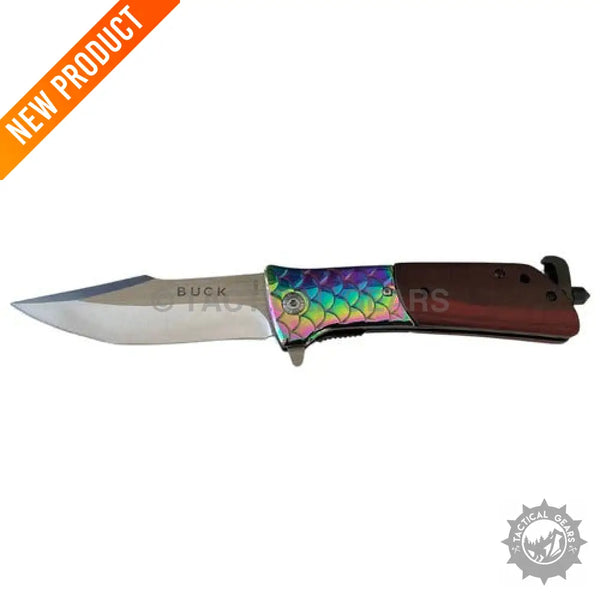 BUCK DA329 hunting knife with iridescent handle and silver blade for outdoor use