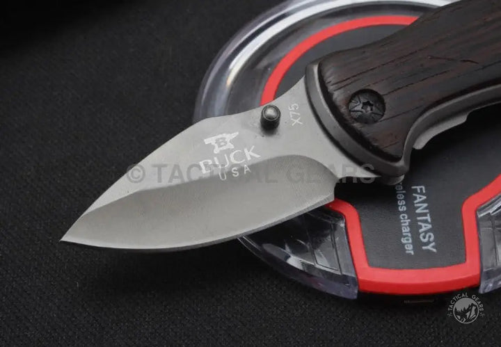 Buck USA X75 Classic Mini Knife with dark wooden handle and silver blade