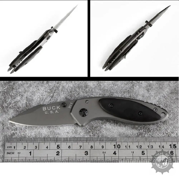 Gray and black Buck X11 Folding Knife with partially serrated blade measures compactly