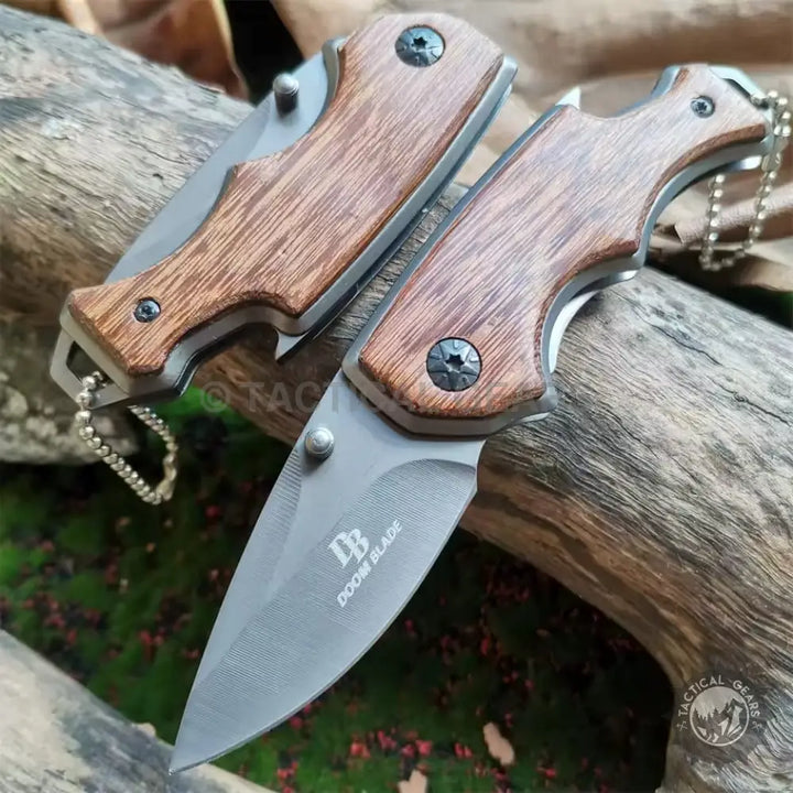 Buck X74 folding knives with wood handles and metal blades for outdoor use