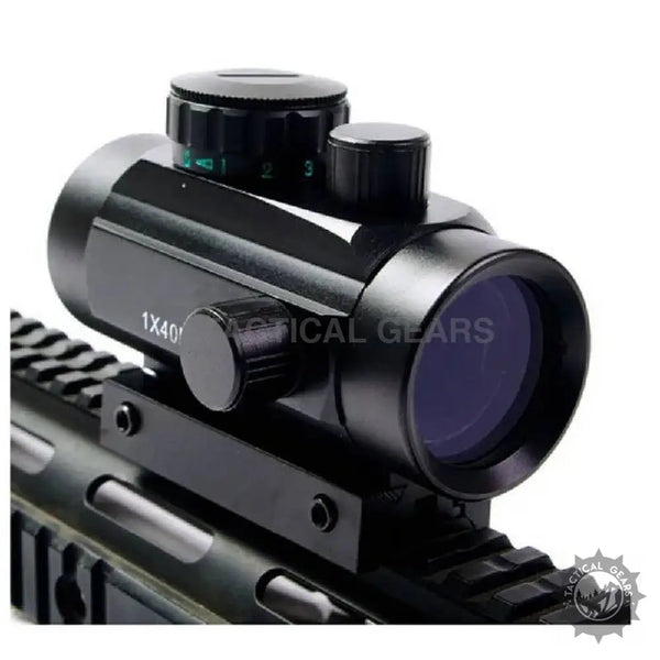 Black tactical rifle scope with windage and elevation adjustments for Bushnell Red/Green Holographic Sight