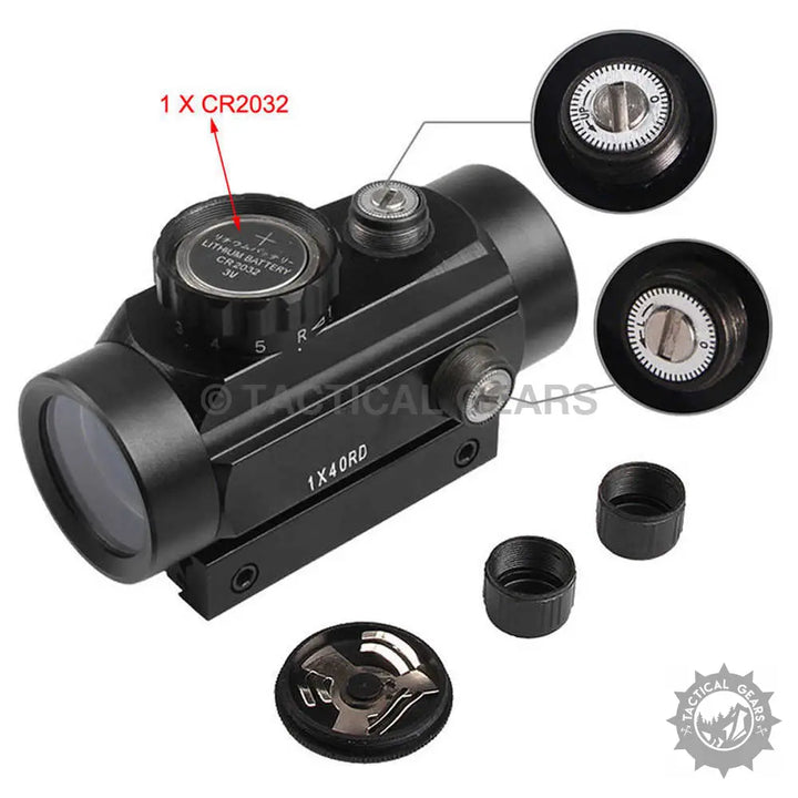 Black tactical red green holographic sight with adjustment dials and CR2032 battery