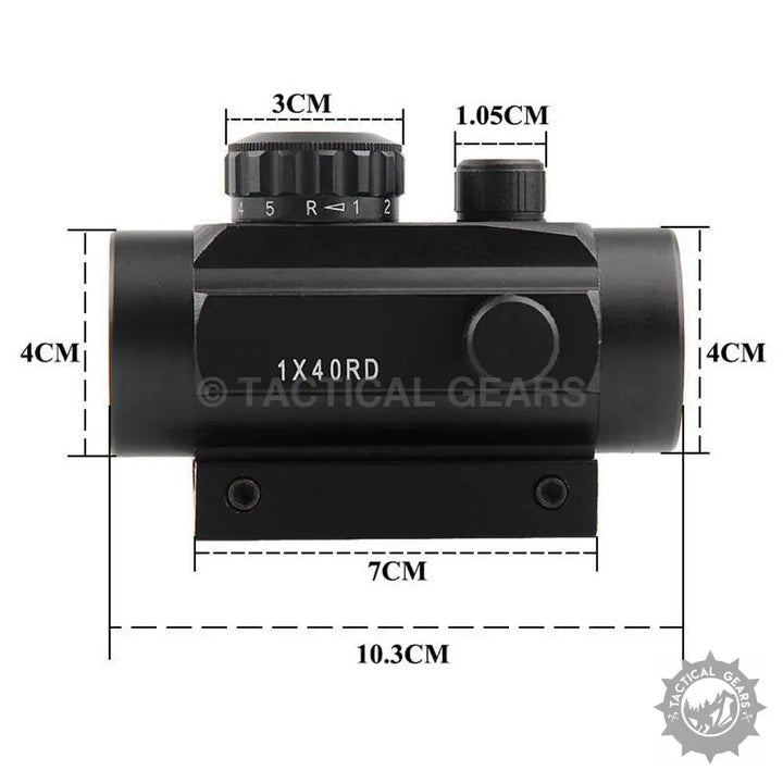 Black tactical red dot sight with labeled dimensions for Bushnell Red/Green Holographic Sight