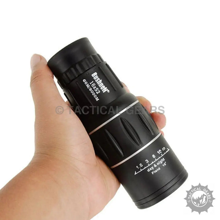 Black Bushnell Anti-Fog Waterproof Monocular with 16x52 magnification and focus ring