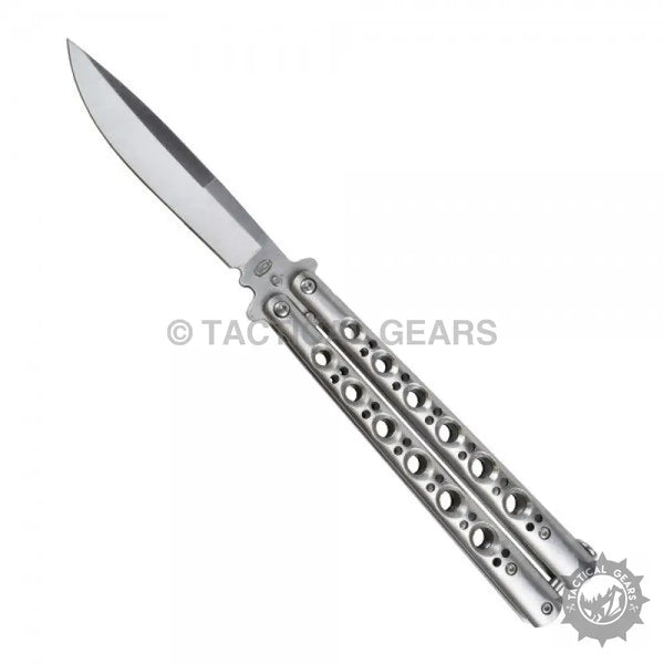 Silver-colored butterfly knife with steel handle and pointed blade for collection or display