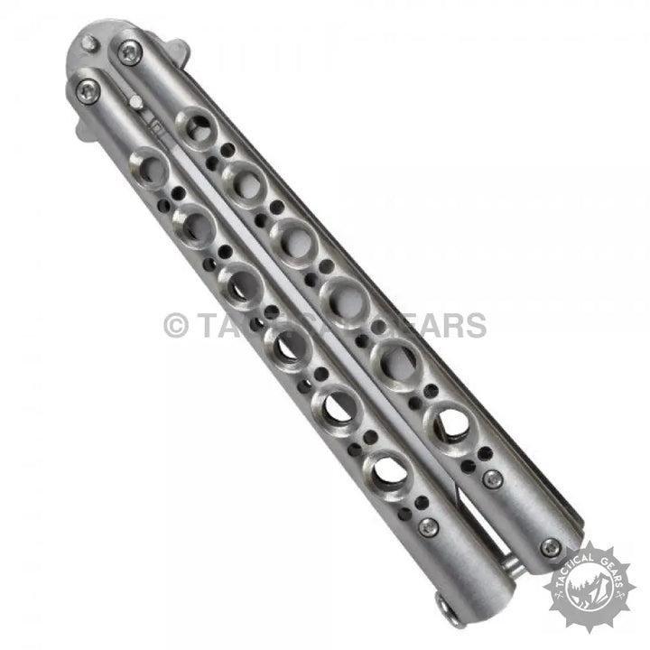 Silver metal butterfly knife trainer with drilled handles, perfect for butterfly knife silver enthusiasts