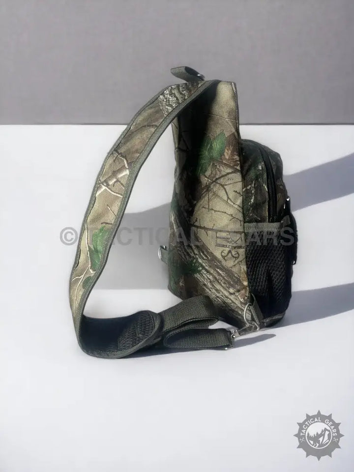 Camo hunting sling with mesh side pocket, stylish hunting sling bag for outdoor use