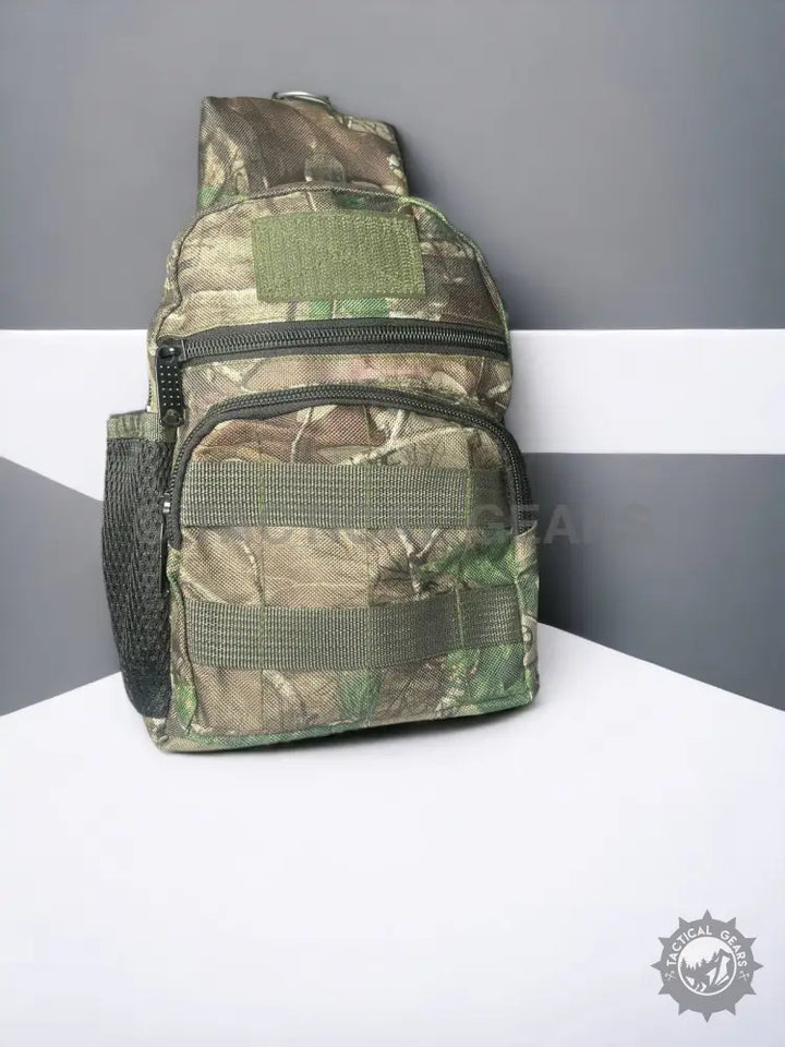Camo Hunting Sling Bag with multiple compartments and MOLLE webbing for hunting gear