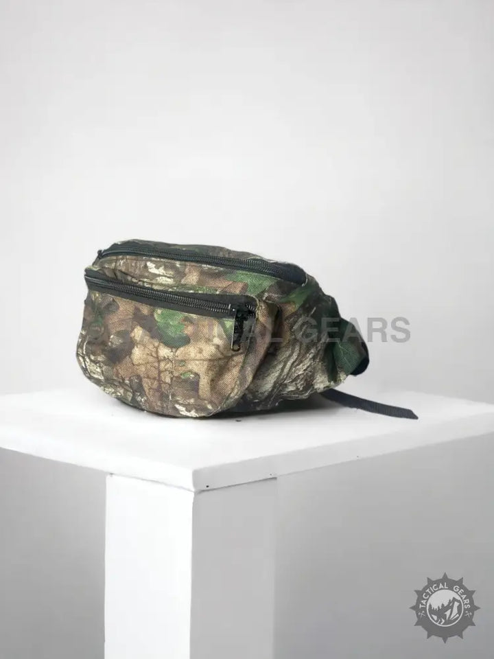 Camouflage hunting waist fanny pack with two zippered compartments for outdoor gear