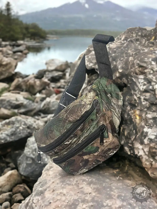 Camouflage hunting waist fanny pack with two zippered compartments and adjustable strap