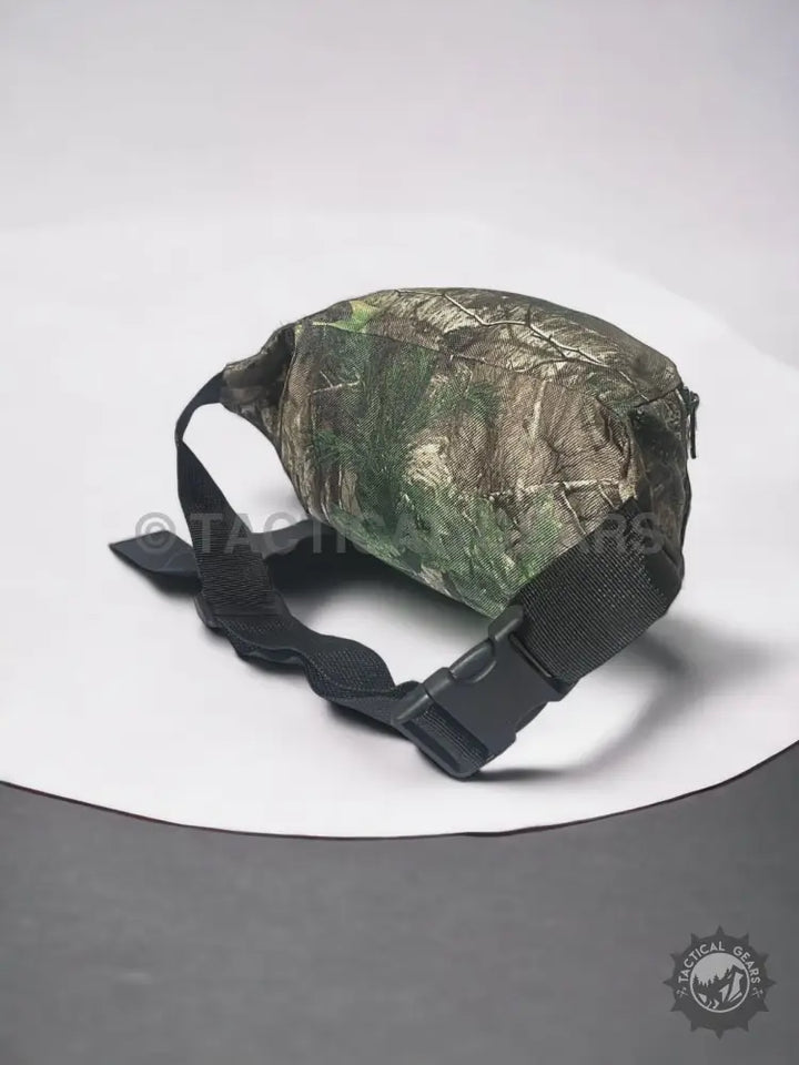Camo hunting waist fanny pack with black adjustable strap and buckle for outdoor activities