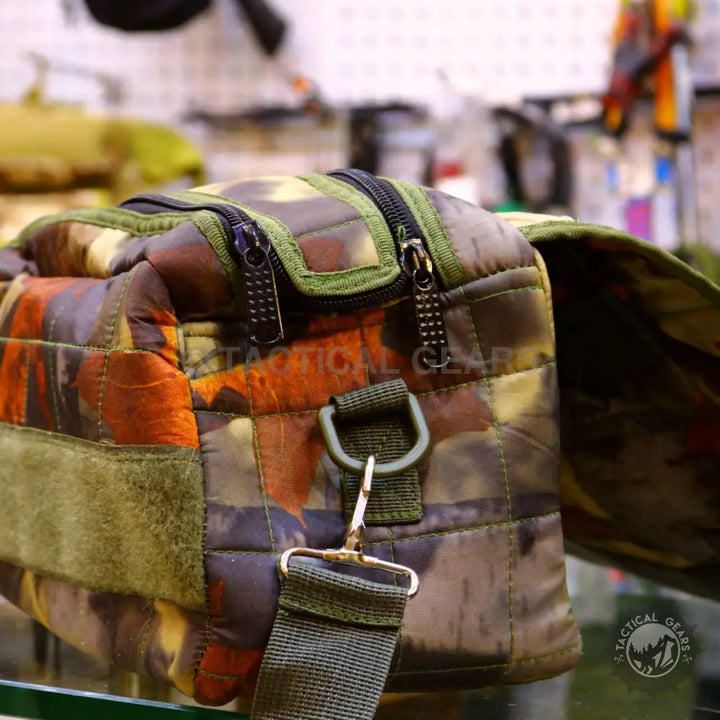 Camo Small Duffle quilted camouflage fabric with top zipper and shoulder strap in inches